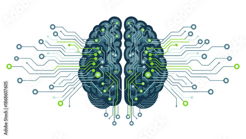 Human Brain with Interconnected Circuit Board Patterns, symbolizing Digital Connectivity and Neural Networks on an isolated white background