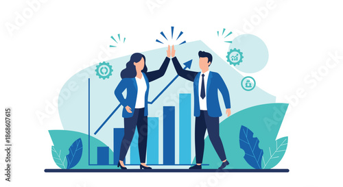 Successful business partners, a man and a woman, giving each other a high five in front of a rising bar chart, celebrating teamwork and achievement.