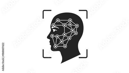 Human Head Silhouette with Neural Network Pattern and Focus Frame, representing Face Recognition and AI on an isolated white background