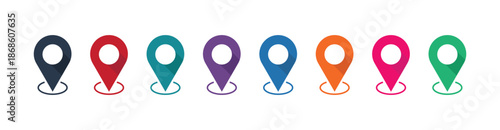 Colorful Map Pin Location Icon Set with Shadow and Circular Base