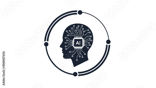 Human Head Silhouette with AI Chip and Circuitry in a Circular Frame, symbolizing Artificial Intelligence on an isolated white background
