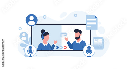 Man and woman participating in a video conference for a job interview or online meeting, with microphones, documents, and user profile icons.