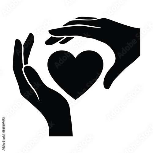 Black silhouette of cupped hands protecting a heart symbol protection care