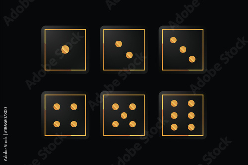 Luxury Golden Dice Icons Set with Numbers One to Six on Elegant Minimalist Black Background