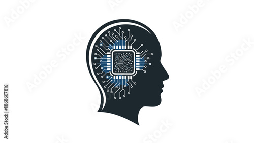 Human Head Profile with AI Processor Chip Inside Brain on Isolated White Background, Cybernetic Intelligence Concept