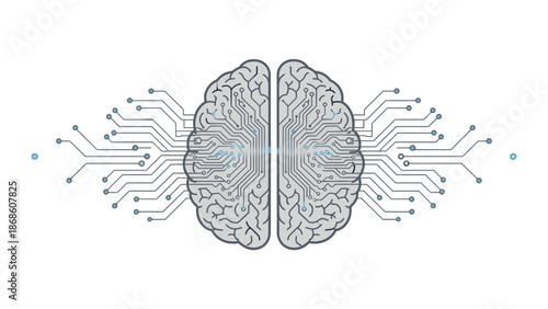 Digital Human Brain with Circuit Board Connections on Isolated White Background, Artificial Intelligence and Neural Network Concept