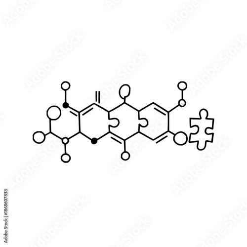 Illustration of a complex molecule structure with puzzle piece connections and circular elements present