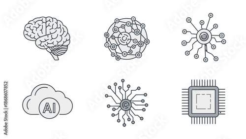 Collection of Artificial Intelligence and Computing Technology Icons on Isolated White Background, AI Brain, Cloud, and Processor Symbols