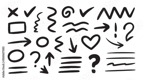 A collection of black hand-drawn doodle elements on a white background viewed from directly above