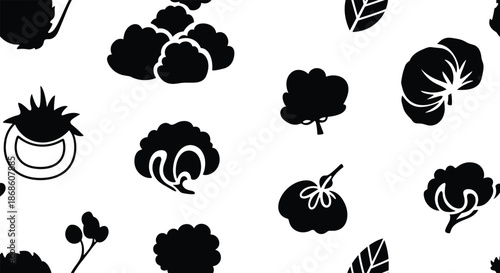 Seamless black and white pattern with various stylized vegetable icons, including broccoli, tomato, and cabbage, for a healthy food or gardening theme.