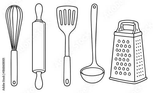 Hand drawn line art kitchen utensils set featuring a whisk, rolling pin, slotted turner, ladle, and grater for cooking and baking