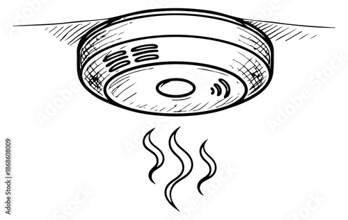 Hand drawn line art illustration of a smoke detector depicting smoke detection for fire safety