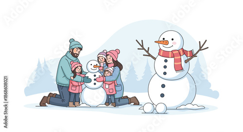 Joyful family of five dressed in warm winter clothes building a snowman together in a snowy landscape, enjoying a fun outdoor winter activity.
