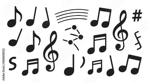 A collection of black musical notation symbols and markings on a white background