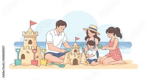 Happy family with two children spending quality time together on a sunny beach, joyfully building a large sandcastle during their summer vacation.