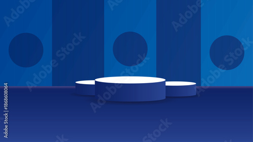 Abstract Blue Podium Background with Cylindrical Platforms and Geometric Wall Pattern – Modern 3D Stage for Product Display, Branding, Advertising, Mockups, and Minimal Presentation