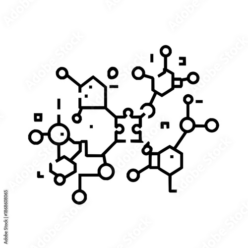 Illustration of interconnected molecular structures with geometric shapes and lines design