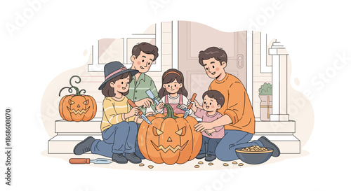 Happy family with three children gathered together on their porch, carving a large pumpkin with spooky faces in preparation for Halloween festivities.