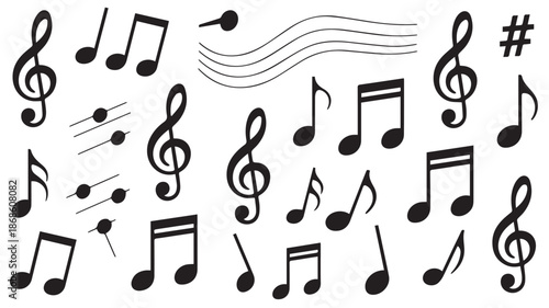 A collection of musical notes and symbols arranged in a grid pattern on a white background.