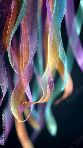 Mesmerizing colorful ribbons dancing gracefully in slow motion against a dark background