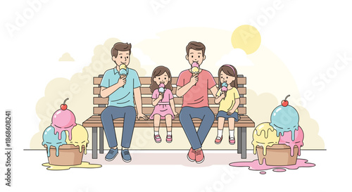 Two fathers and their two daughters sitting on a park bench on a sunny day, happily eating colorful ice cream cones together as a family.