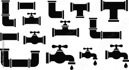 Black plumbing component silhouettes including pipe fittings and faucets for instructional diagrams and water system design visuals