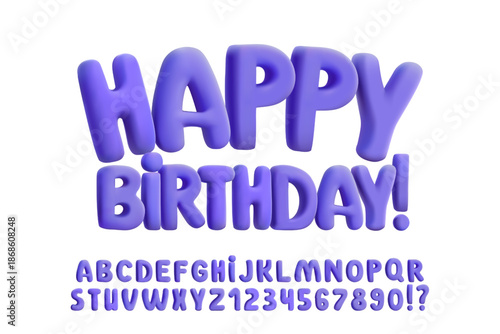 3D inflatable balloon font, plasticine rubber effect. Glossy purple candy bubble letter isolated. Chubby retro abc, festive Y2K aesthetic. Birthday party poster, playful design. Children title display