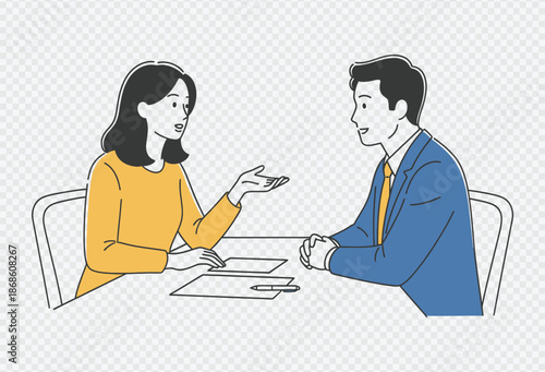 Business meeting between man and woman discussing project details and strategies