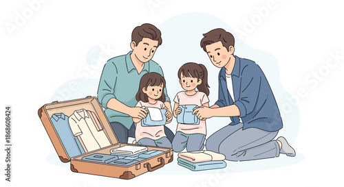 Two fathers and their two daughters happily packing clothes into a suitcase together, preparing for a family vacation or trip with excitement.