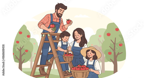 Happy family working together to pick fresh red apples in their orchard during the autumn harvest season, filling baskets with organic fruit.