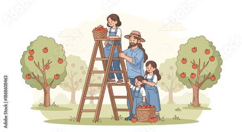 Family of farmers harvesting ripe red apples in an orchard, with a father and daughters on a ladder picking fruit into baskets on a sunny day.