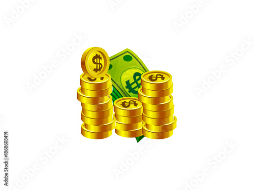 3D US dollar currency symbol with gold coins stack isolated on white background financial banking business economy investment wealth success concept