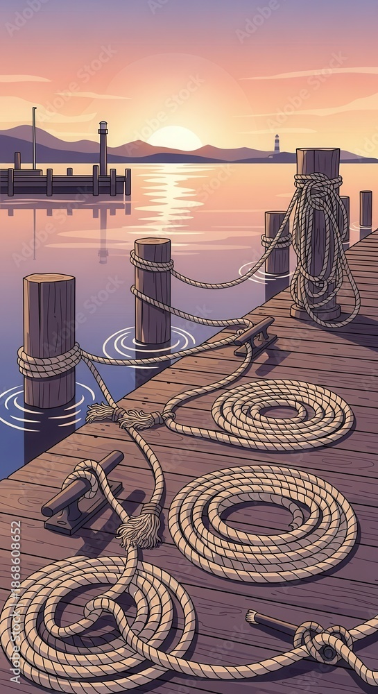 Fototapeta premium Wooden dock features coiled ropes against a soft sunset over calm water