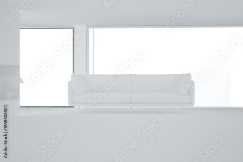 modern room with sofa and plant in white color interior design. 3D illustration
