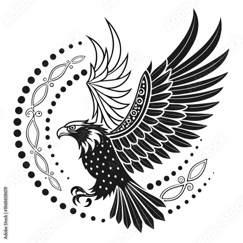 Monochrome ornamental eagle vector illustration with decorative details. Perfect for tattoo art, posters, merchandise, and artistic or symbolic designs.
