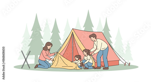 Adventurous family with two daughters setting up a tent together in a forest, preparing for a camping trip and enjoying outdoor activities.
