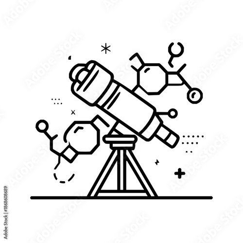 Illustration of a telescope on a tripod with molecule structures and abstract geometric shapes around it