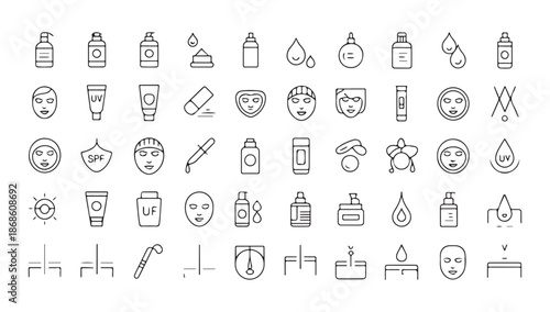 Set of minimalist girl line drawings for skincare and makeup application steps with various tools