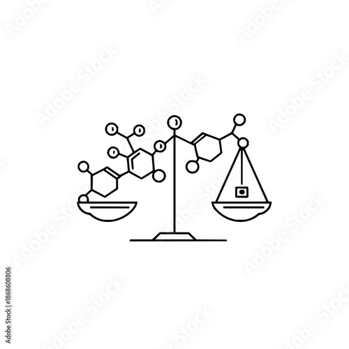 Chemical structure on scales representing balance between molecules and equilibrium state shown in line art
