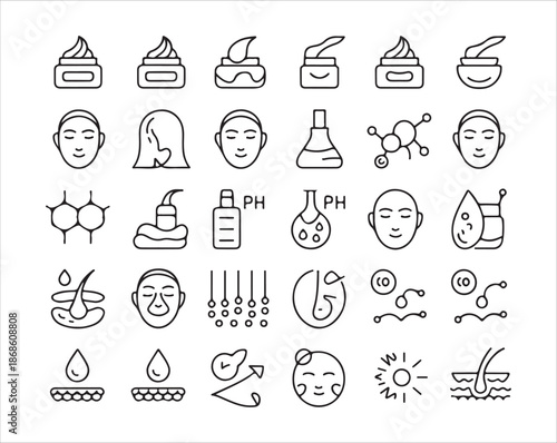 Medical dermatology icons and skin structure diagrams for healthcare and cosmetic procedure concept