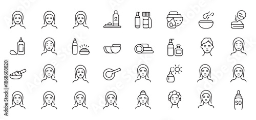 Woman beauty skincare routine line art illustration set showing face massage and cream application