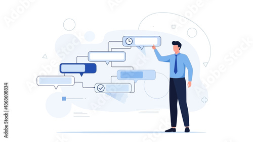 Business Man Building a Strategy Flowchart with Steps and Checkmarks