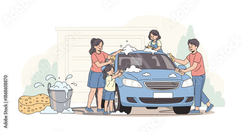 Happy family with two daughters having fun washing their blue car together outdoors in the driveway on a sunny weekend afternoon.