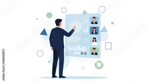 Businessman analyzing data on digital screen with employee profiles and charts