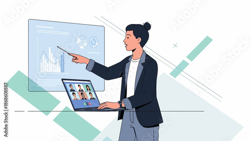 Business meeting presentation with video conference and charts on screen.