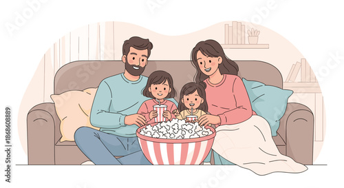 Cozy family of four sitting together on a comfortable sofa, eating popcorn and watching a movie at home for a fun movie night.