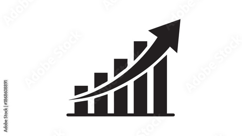 A simple black and white illustration of a bar graph with an upward trend arrow
