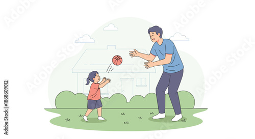 Joyful father and his young daughter playing catch with a ball in the green backyard of their home on a sunny summer day.