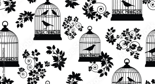 Elegant black and white seamless pattern featuring vintage birdcages, delicate birds, and swirling floral vines on a clean background.