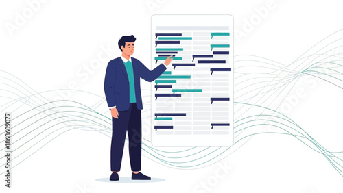 Businessman pointing at a Gantt chart on a digital screen, project management concept.